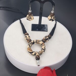 Handcrafted Fabric Pendant Necklace Set with Wooden Beads -JSFA0055