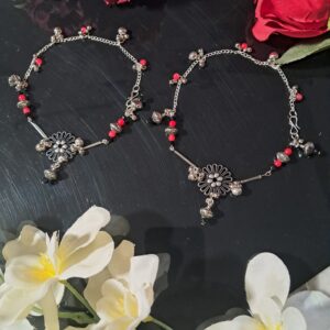 Oxidised Floral Charm Anklets with Beads & Ghungroo – Ethnic Boho Payal – ANOX0002