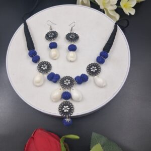 Handcrafted Blue Thread & Shell Necklace Set with Oxidized Floral Charms – JSFA0057