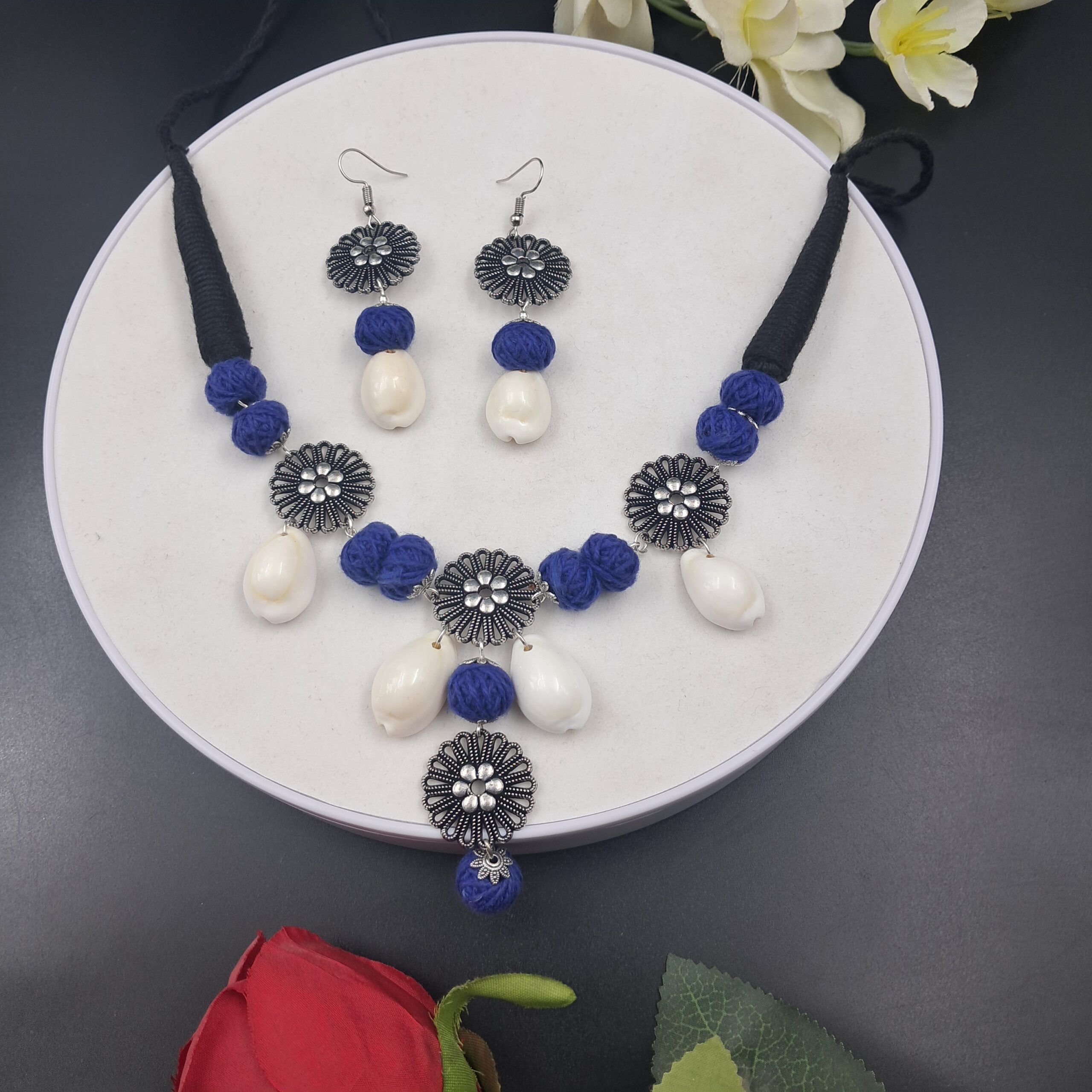 Handcrafted Blue Thread & Shell Necklace Set with Oxidized Floral Charms - JSFA0057