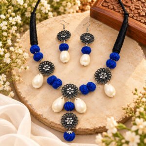 Handcrafted Blue Thread & Shell Necklace Set with Oxidized Floral Charms – JSFA0057
