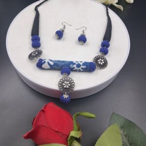 Handmade Indigo Floral Fabric Necklace Set with Blue Thread Beads & Antique Silver Pendant for Women – JSFA0058