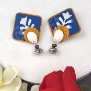 Handmade Fabric Stud Earrings with Cowrie Shell & Oxidised Bead | Square Ethnic Earrings for Women – EAFA0064