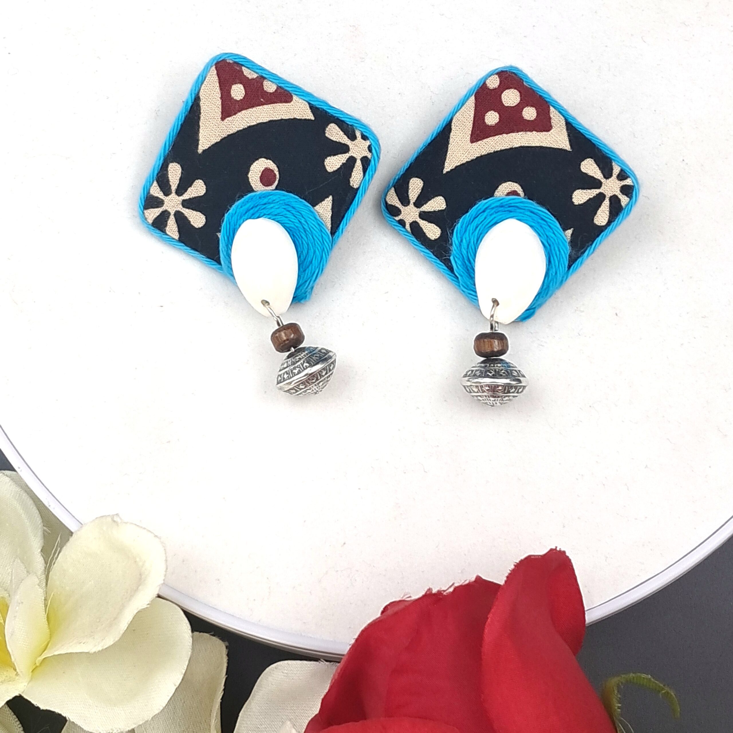 Handmade Fabric Stud Earrings with Cowrie Shell & Oxidised Bead | Square Ethnic Earrings for Women - EAFA0064 - Image 3