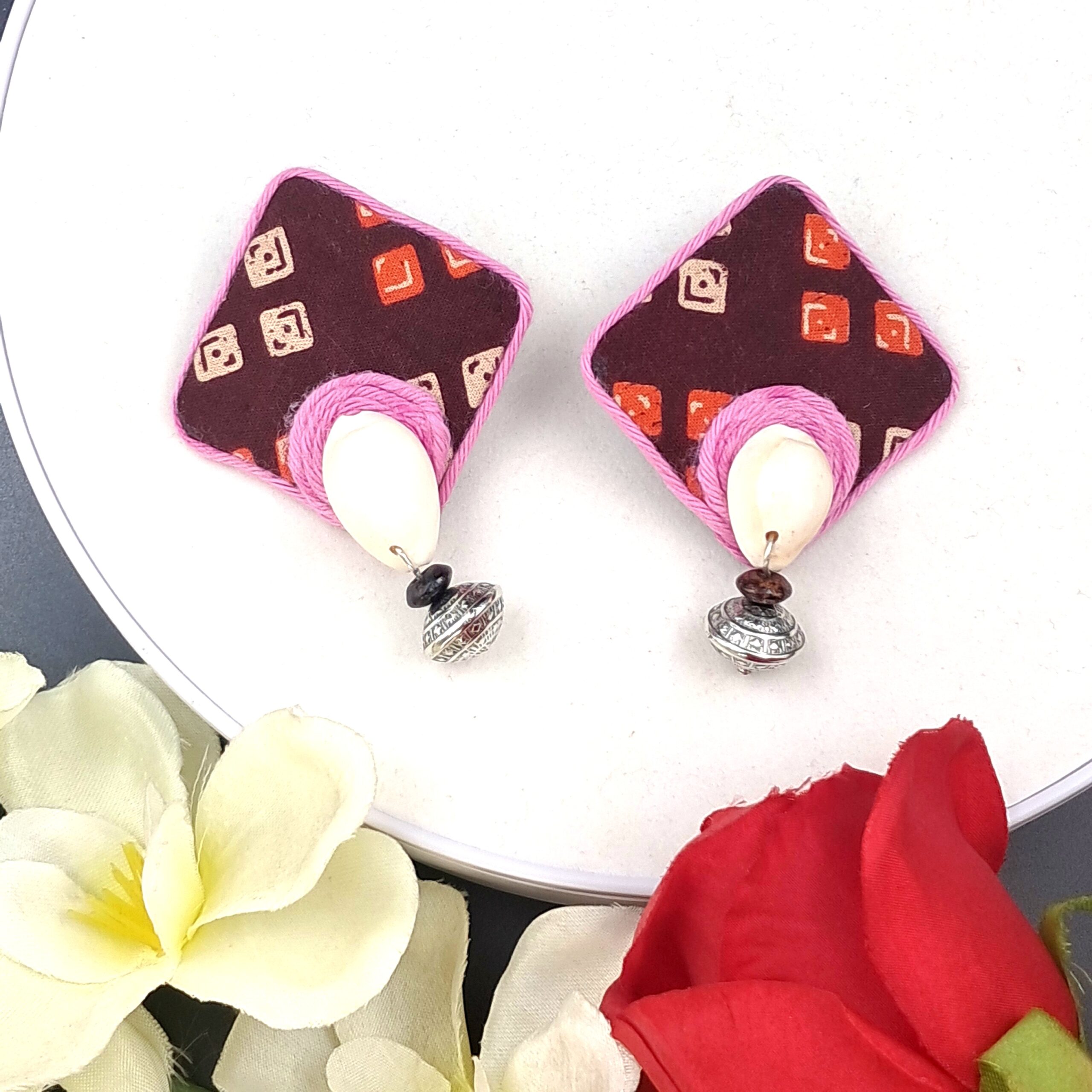 Handmade Fabric Stud Earrings with Cowrie Shell & Oxidised Bead | Square Ethnic Earrings for Women - EAFA0064 - Image 2