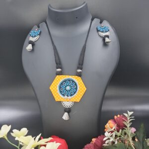 Handmade Hexagon Fabric Pendant Necklace Set with Matching Earrings | Yellow & Blue Ethnic Statement Jewellery for Women – JSFA0054