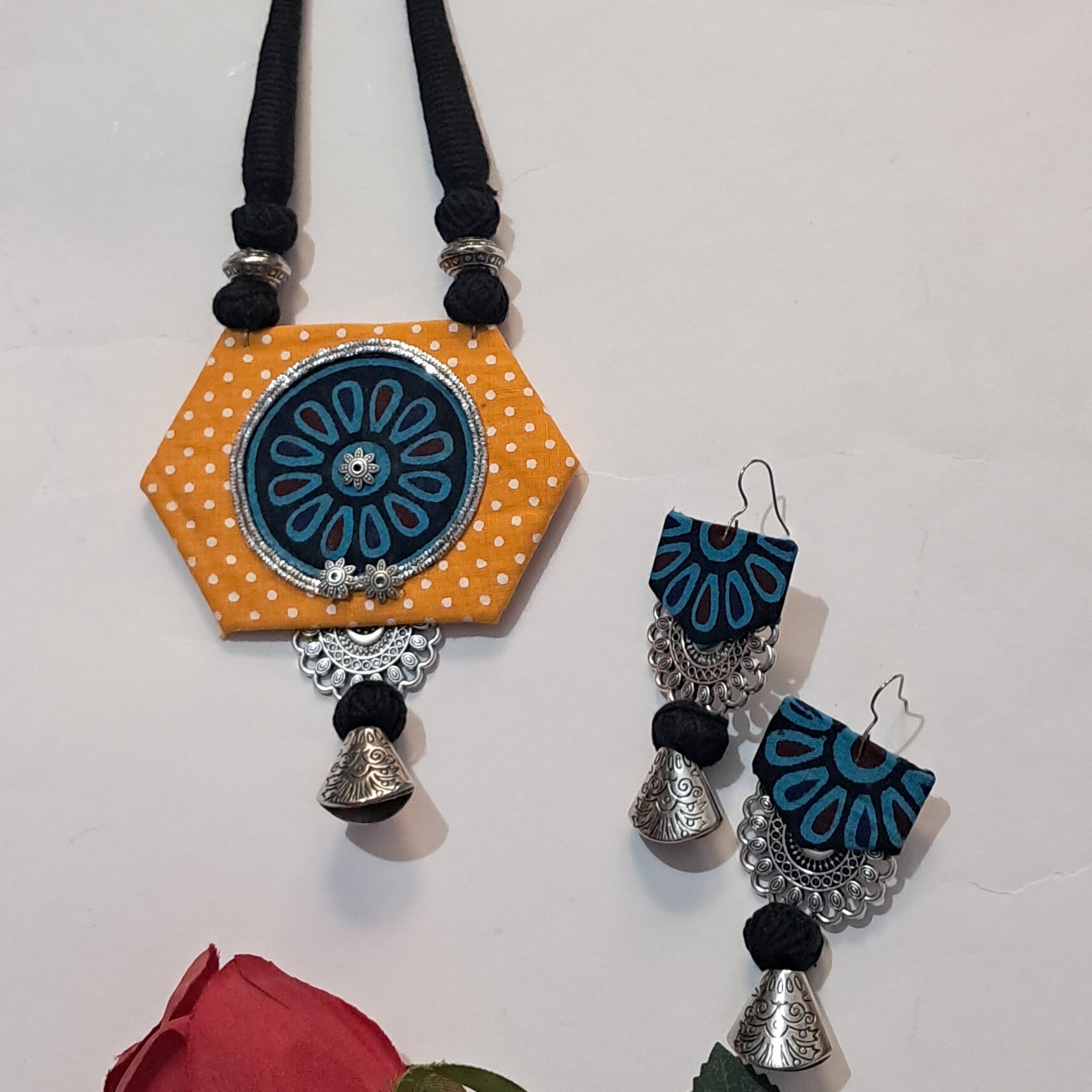 Handmade Hexagon Fabric Pendant Necklace Set with Matching Earrings | Yellow & Blue Ethnic Statement Jewellery for Women - JSFA0054 - Image 2