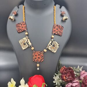 Handmade Printed Fabric Square Necklace Set with Matching Earrings | Ethnic Statement Jewellery for Women – JSFA0059