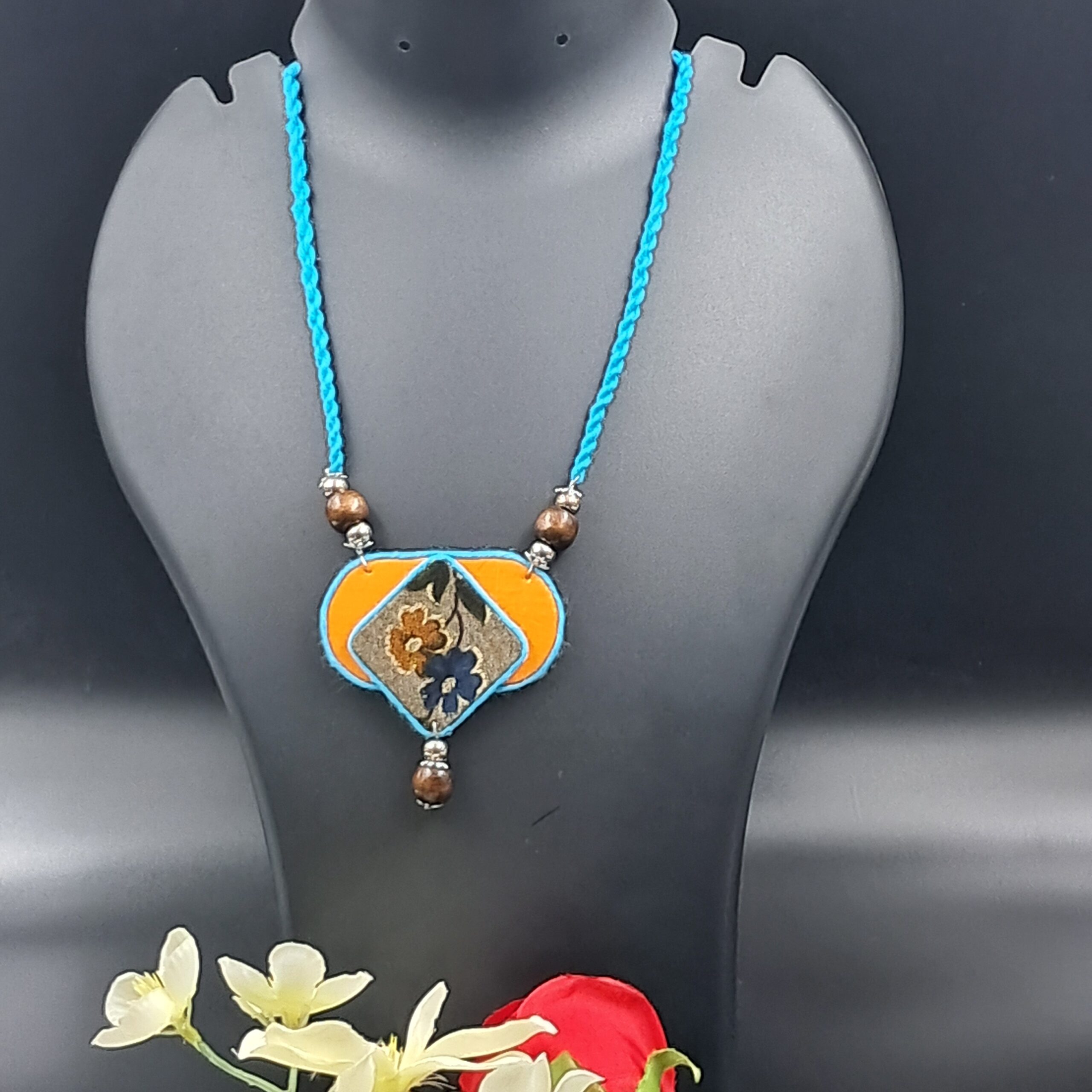 Handmade Fabric Pendant Necklace for Women | Floral Ethnic Statement Necklace | Adjustable Thread Necklace | Artisan Jewellery - NEFA0012 - Image 3