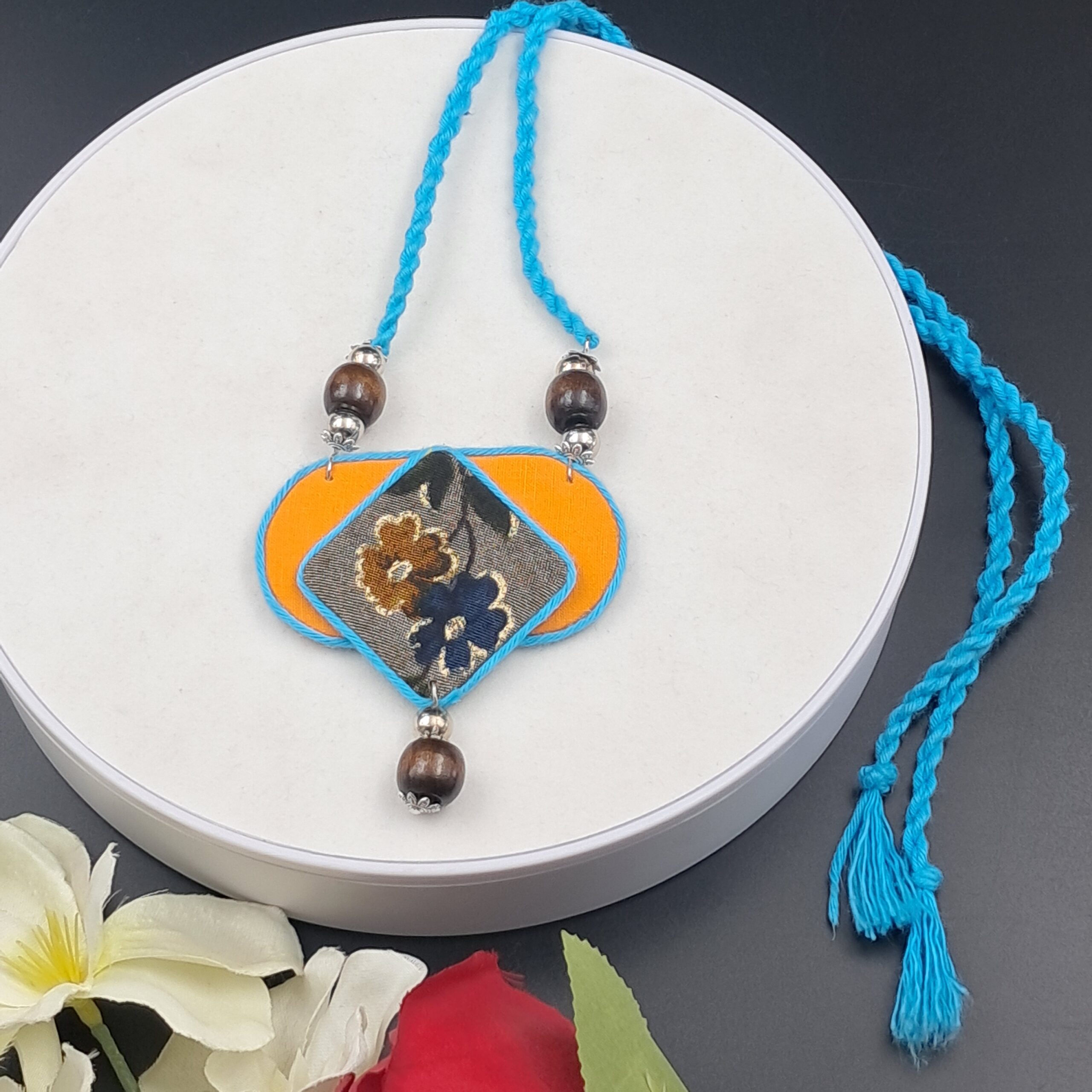 Handmade Fabric Pendant Necklace for Women | Floral Ethnic Statement Necklace | Adjustable Thread Necklace | Artisan Jewellery - NEFA0012 - Image 7