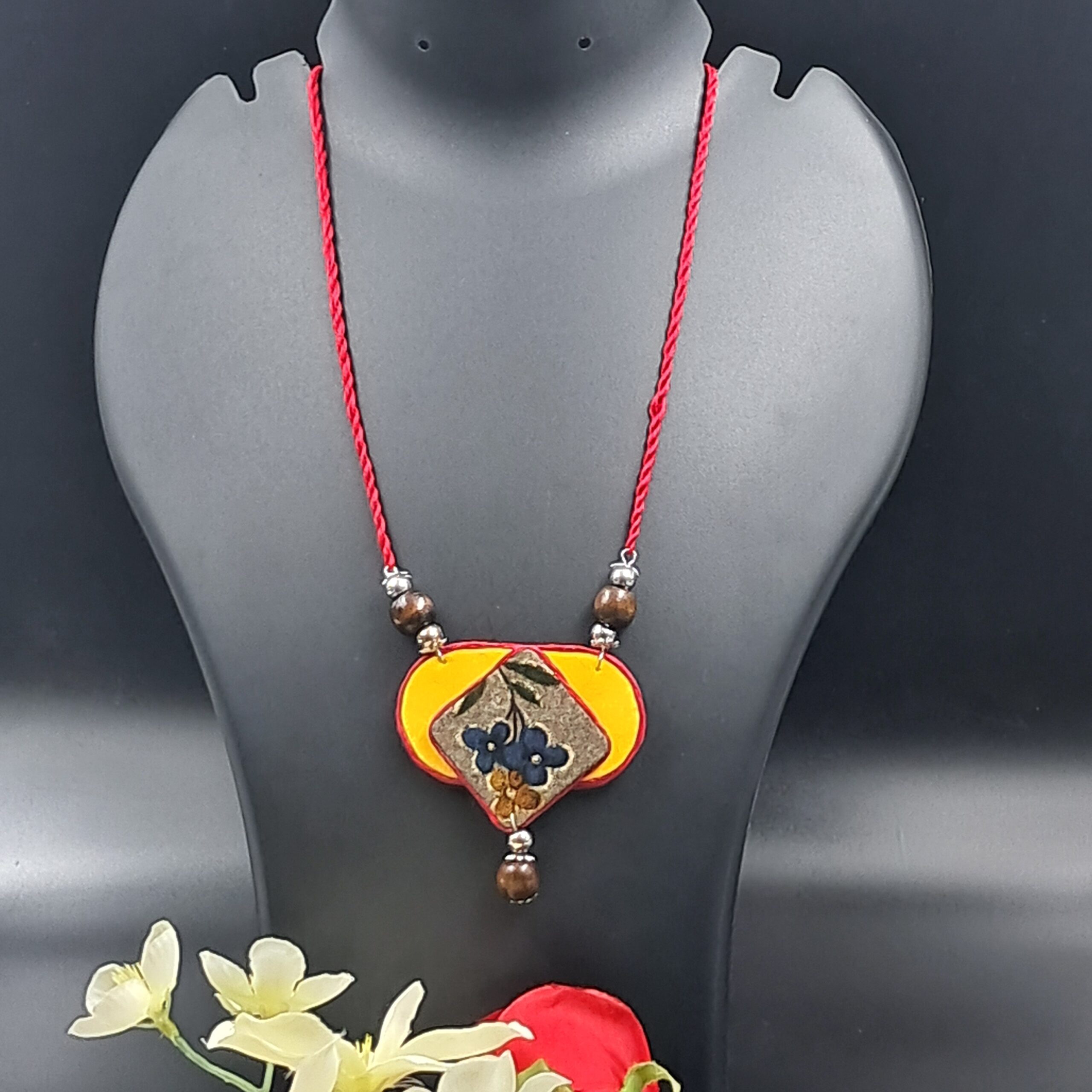 Handmade Fabric Pendant Necklace for Women | Floral Ethnic Statement Necklace | Adjustable Thread Necklace | Artisan Jewellery - NEFA0012