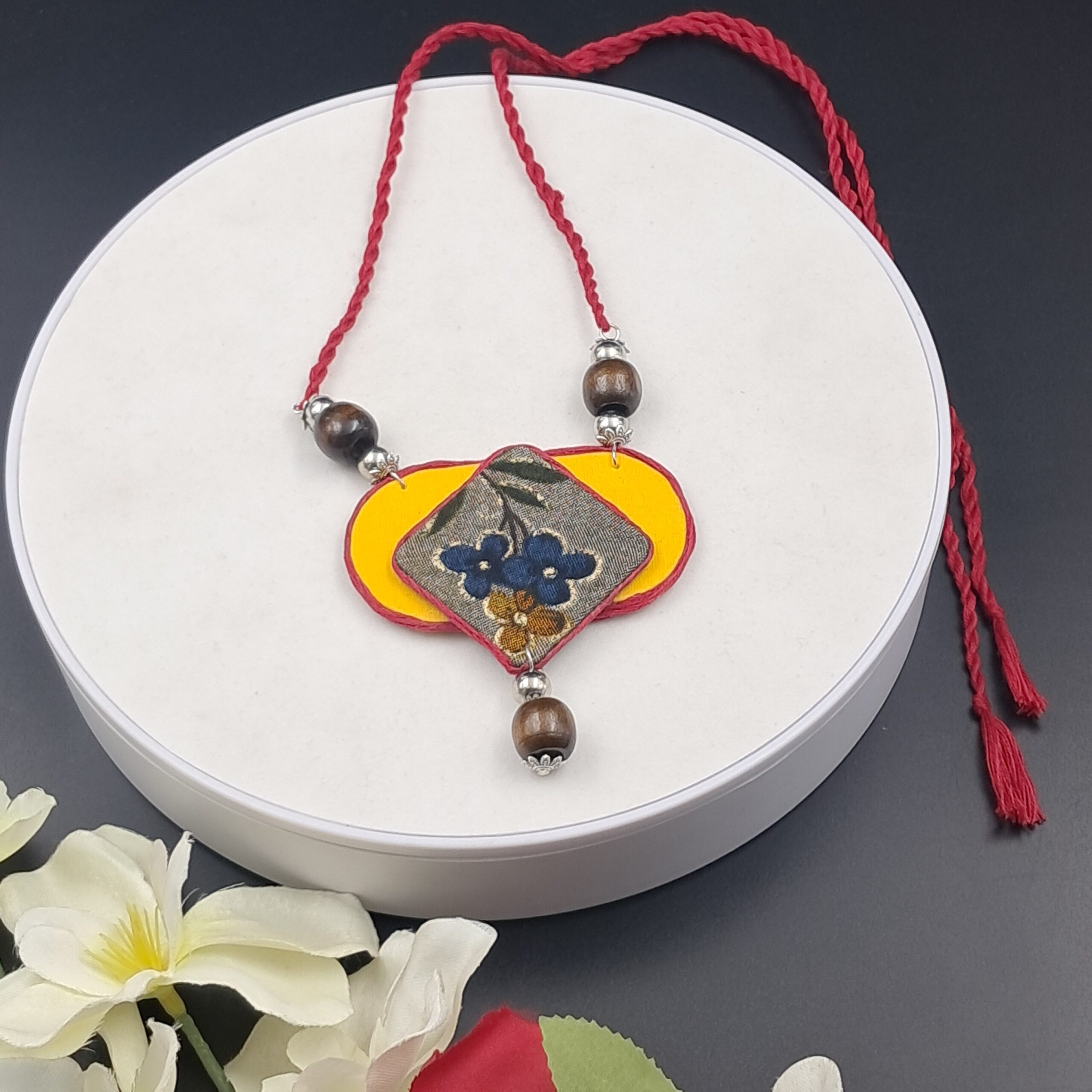Handmade Fabric Pendant Necklace for Women | Floral Ethnic Statement Necklace | Adjustable Thread Necklace | Artisan Jewellery - NEFA0012 - Image 6