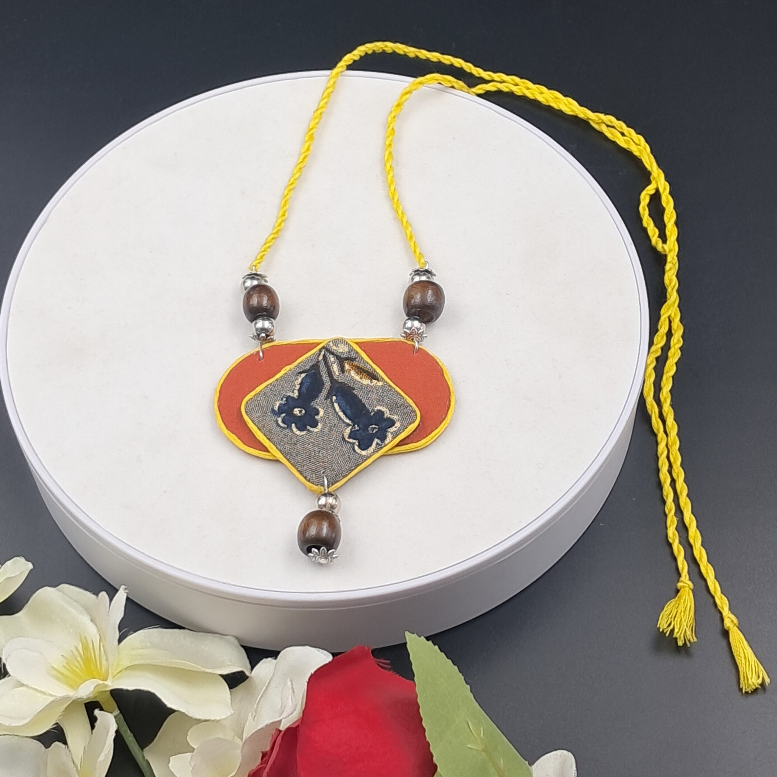 Handmade Fabric Pendant Necklace for Women | Floral Ethnic Statement Necklace | Adjustable Thread Necklace | Artisan Jewellery - NEFA0012 - Image 5
