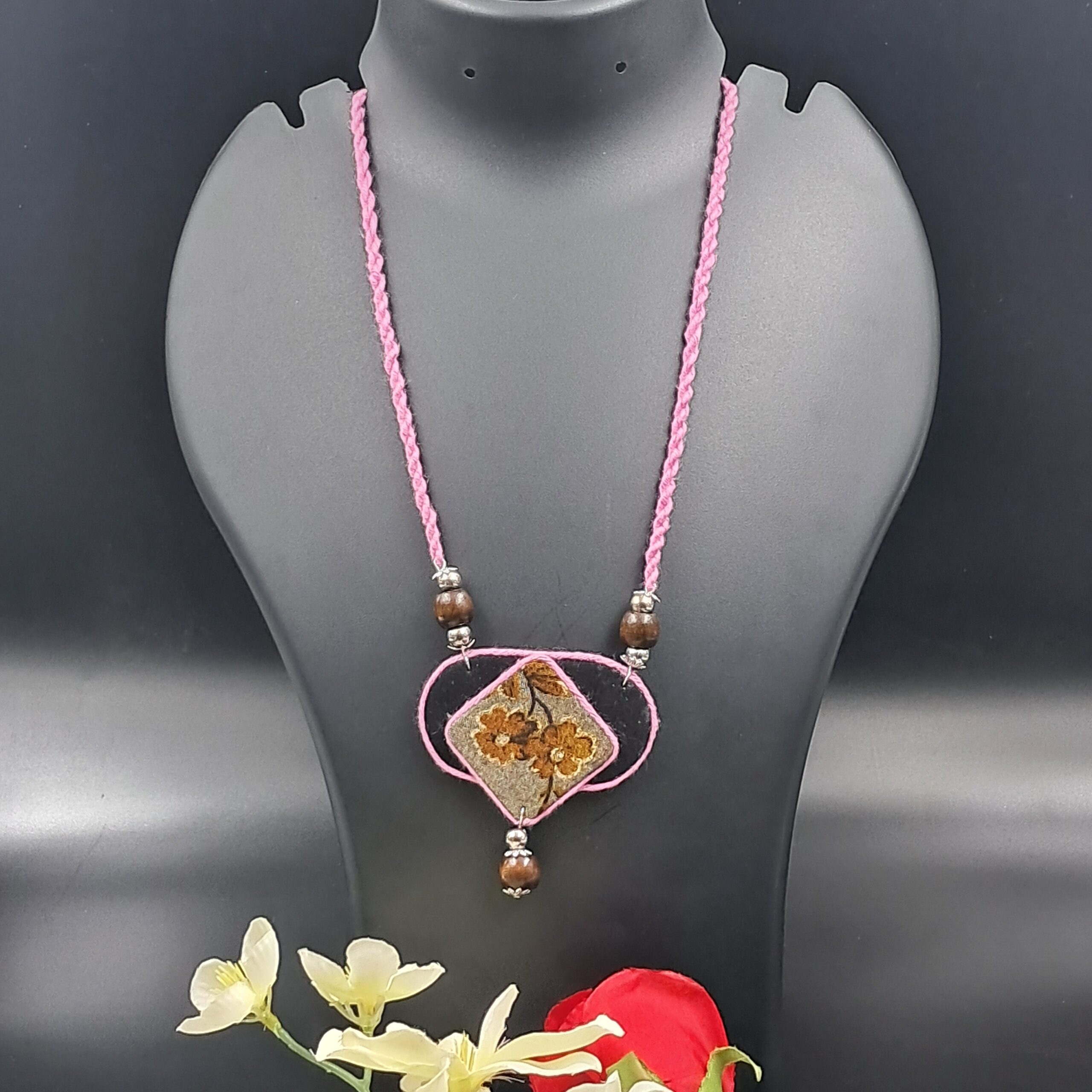 Handmade Fabric Pendant Necklace for Women | Floral Ethnic Statement Necklace | Adjustable Thread Necklace | Artisan Jewellery - NEFA0012 - Image 4