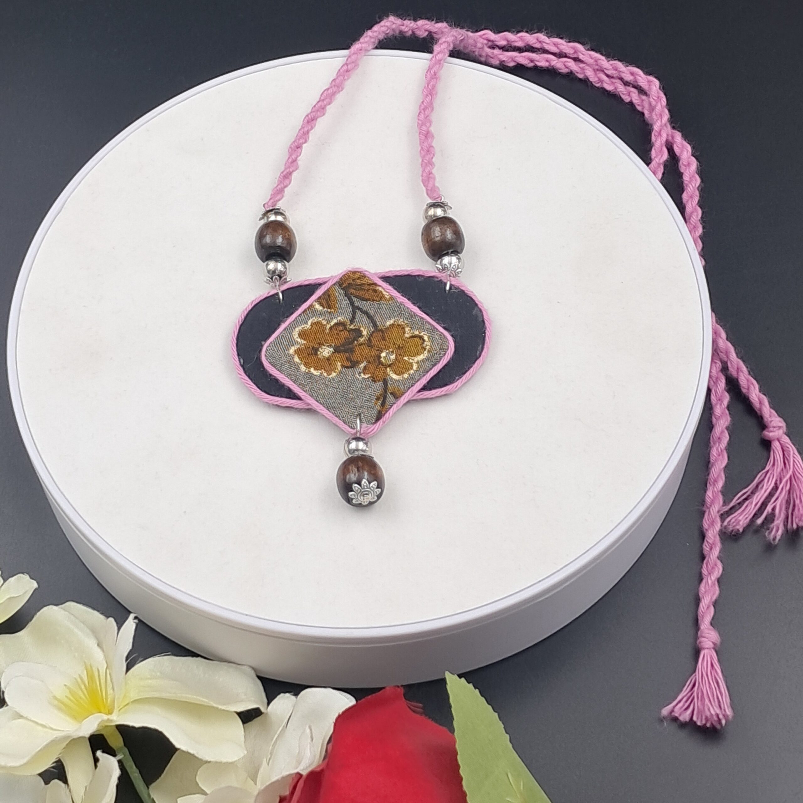 Handmade Fabric Pendant Necklace for Women | Floral Ethnic Statement Necklace | Adjustable Thread Necklace | Artisan Jewellery - NEFA0012 - Image 8