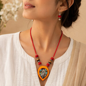 Handmade Lord Siddha Ganesha Fabric Pendant Necklace Set for Women | Adjustable Cotton Cord Necklace with Matching Earrings | Ethnic Spiritual Jewellery – JSFA0060