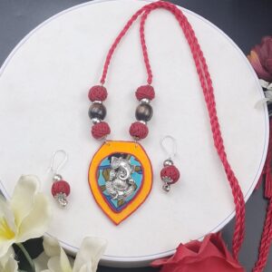 Handmade Lord Siddha Ganesha Fabric Pendant Necklace Set for Women | Adjustable Cotton Cord Necklace with Matching Earrings | Ethnic Spiritual Jewellery – JSFA0060