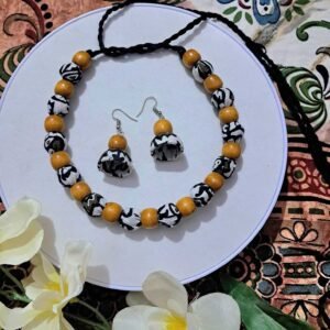 Handmade Fabric Beaded Necklace Set for Women | Black & Mustard Thread Jewellery with Earrings – JSFA0063