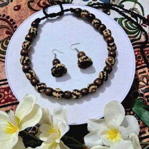 Handmade Wooden & Fabric Beaded Necklace Set for Women | Brown Black Boho Ethnic Jewellery – JSFA0064