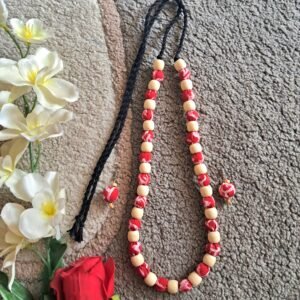 Handmade Red Fabric Beaded Necklace with Matching Earrings – JSFA0066
