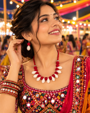 Red White Beaded Necklace Set for Navratri, Garba & Dandiya | Ananya Creations – JSMI0015