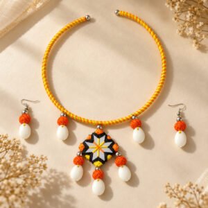 Navaratri Special Handmade Orange Yellow Thread Necklace Set with Earrings – JSMI0013