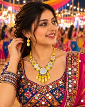 Yellow Mirror Work Necklace Set for Navratri, Garba & Dandiya – JSMI0016