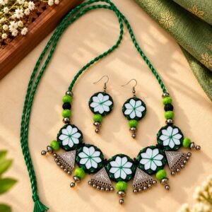 Green Floral Mirror Work Necklace Set for Navratri, Garba & Dandiya – JSMI0017