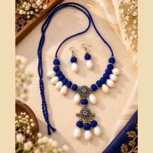 Royal Blue & White Beaded Necklace Set for Navratri, Garba & Dandiya – JSOX0019
