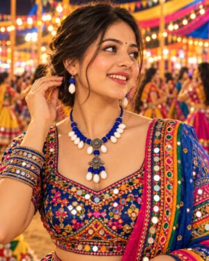 Royal Blue & White Beaded Necklace Set for Navratri, Garba & Dandiya – JSOX0019
