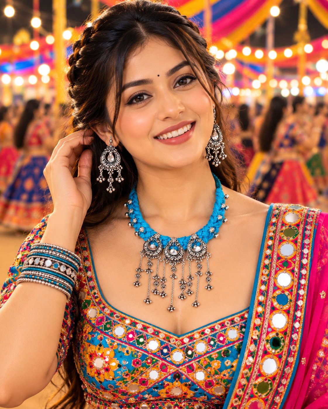 Turquoise Blue Boho Necklace Set for Navratri Garba & Dandiya - JSOX0020