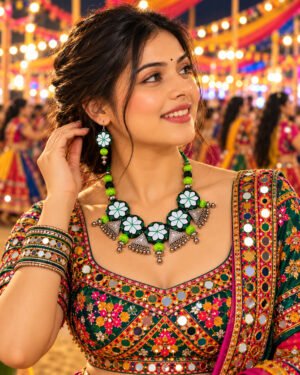 Green Floral Mirror Work Necklace Set for Navratri, Garba & Dandiya – JSMI0017